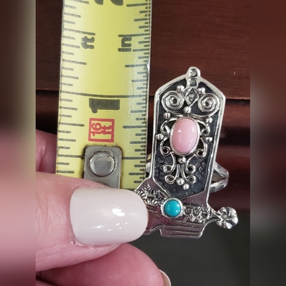 MED.  STERLING SILVER NATIVE AMERICAN SW TURQUOISE & PINK CONCH COWBOY BOOT RING - Picture 5 of 5
